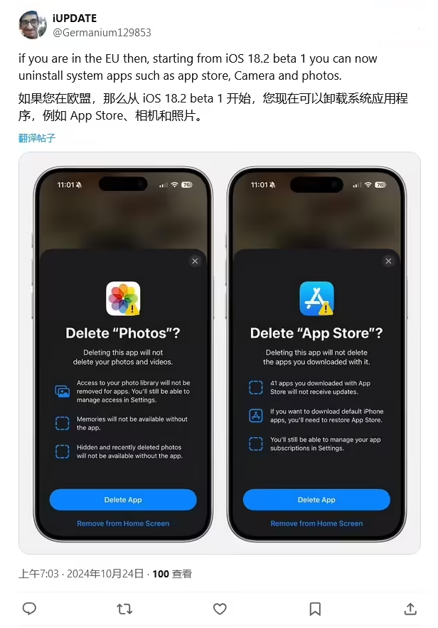 茶陵苹果手机维修分享iOS 18.2 支持删除 App Store 应用商店 